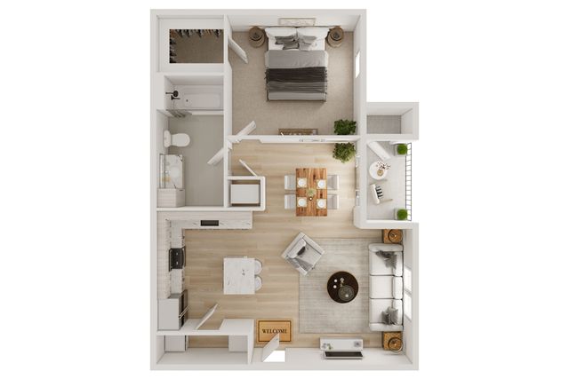 Modern 1-bedroom apartment floor plan featuring an open-concept kitchen and living area, cozy dining space, and a full bathroom.