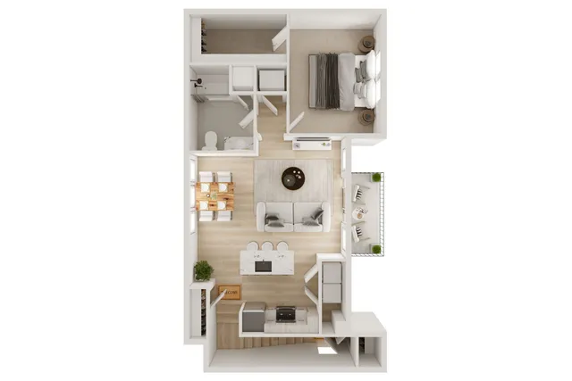 Modern 3D floor plan showcasing an inviting open-concept living area, spacious bedroom, and stylish kitchen with a breakfast bar, adjacent to a cozy balcony.