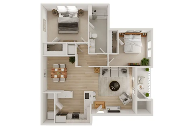 Elegant 2D floor plan showcasing 2 bedrooms, an open living room, modern kitchen, dining area, and balcony.