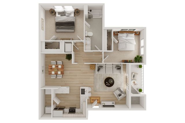 Elegant apartment floor plan showcasing 2 cozy bedrooms, an inviting open living area, and a modern kitchen with dining space.