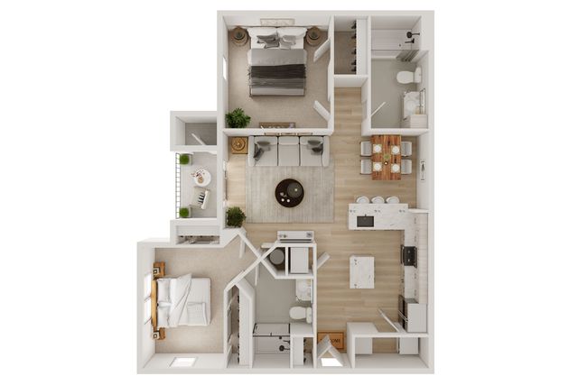 Chic open-concept floor plan with 2 cozy bedrooms, spacious living room, modern kitchen, and elegant dining area.