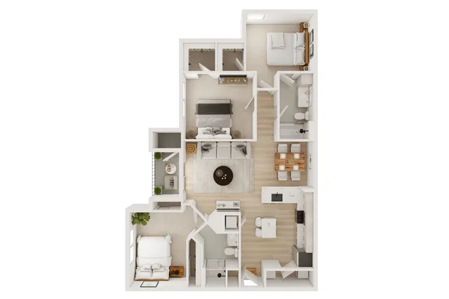 Elegant 2D floor plan showcasing 2 bedrooms, modern kitchen, and cozy living room with natural light.