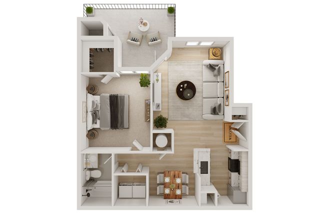 Contemporary open-concept 3D floor plan showcasing a modern one-bedroom apartment with an inviting living area, elegant kitchen, and cozy balcony.
