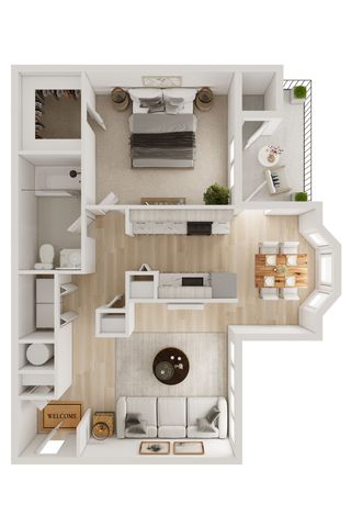 Modern floor plan showcasing a cozy bedroom with balcony, open-concept kitchen, and elegant living-dining area with natural light.