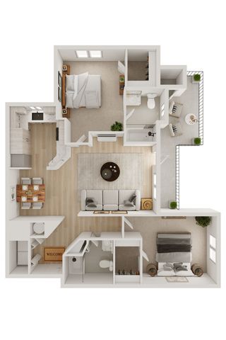 Modern floor plan showcasing 2 bedrooms, an open living area, stylish kitchen, and a cozy balcony.
