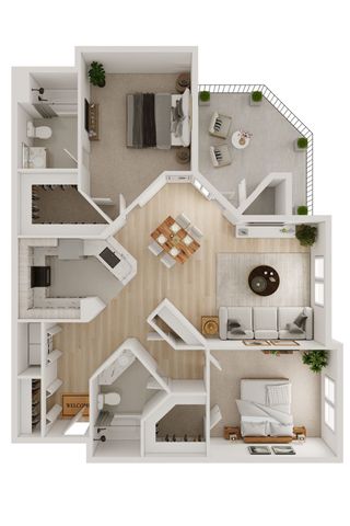 Beautifully designed floor plan showcasing a modern 2-bedroom apartment with an expansive living area, stylish kitchen, and a charming balcony.