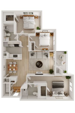 Elegant 3D floor plan showcasing 3 bedrooms, open living space, chic kitchen, and a cozy balcony perfect for relaxation.