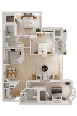Chic floor plan showcasing 3 bedrooms, airy open-concept living area, and inviting balcony. Ideal for stylish urban living.