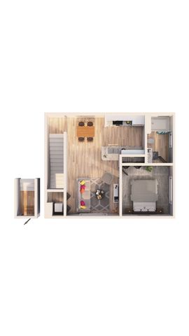 Charming 3D floor plan showcasing a cozy 1-bedroom apartment with a welcoming living area, modern kitchen, and sleek dining space.