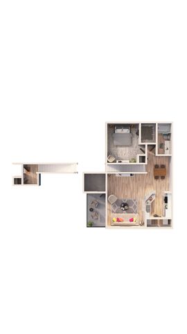 Chic floor plan showcasing a comfortable bedroom, spacious living area, modern kitchen, and cozy balcony.