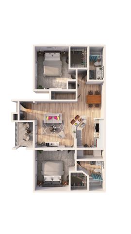 Modern 3D floor plan showcasing two spacious bedrooms, open-concept living and dining area with stylish kitchen, and a charming balcony.
