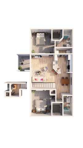 Contemporary 2D floor plan showcasing a spacious layout with two bedrooms, a modern kitchen, and an inviting living area with hardwood floors.