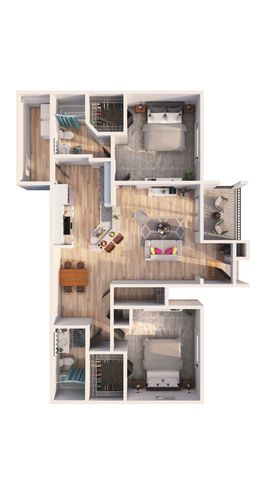 Elegant 3D floor plan showcasing two spacious bedrooms, a modern kitchen with island seating, open living and dining area, and a cozy balcony.