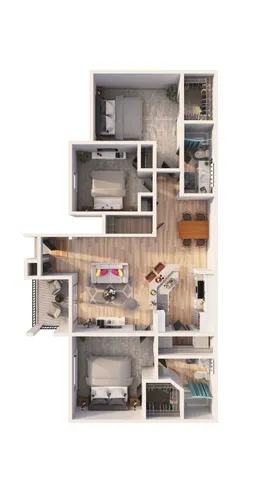 Modern 3D floor plan showcasing 3 bedrooms, elegant open living room, sleek kitchen with dining area, and spacious balcony.