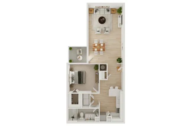 Modern floor plan featuring an elegant one-bedroom suite with an open-concept living and dining area, stylish kitchen, and a cozy balcony nook.