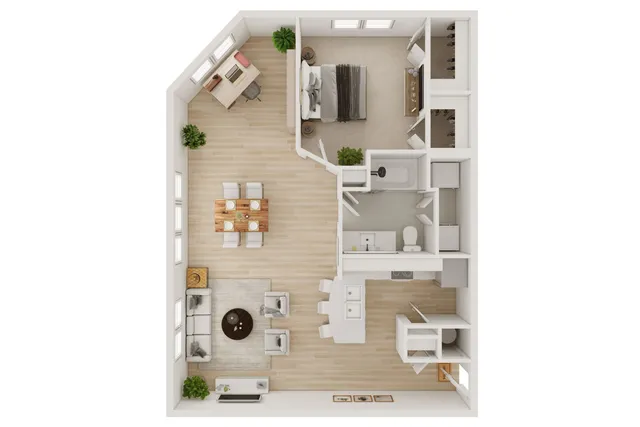 Chic open-concept floor plan with one bedroom, a cozy office space, elegant dining area, and sleek living room.