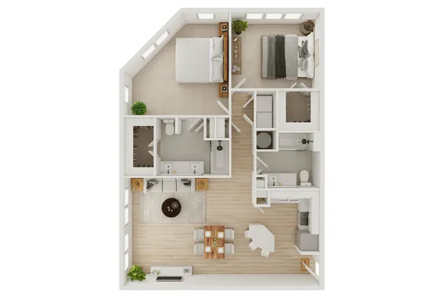 Bright and inviting floor plan showcasing two spacious bedrooms, a modern open-plan kitchen, living and dining area, and two well-appointed bathrooms.