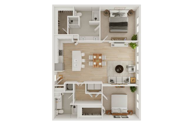 Contemporary 3D floor plan showcasing 2 bedrooms, open-plan kitchen with island, and expansive living area.