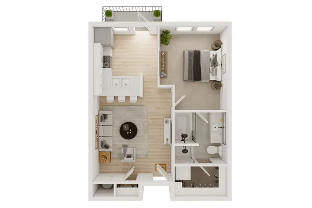 Modern 1-bedroom apartment floor plan showcasing a cozy living area, stylish kitchen with bar seating, elegant bathroom, and private balcony.