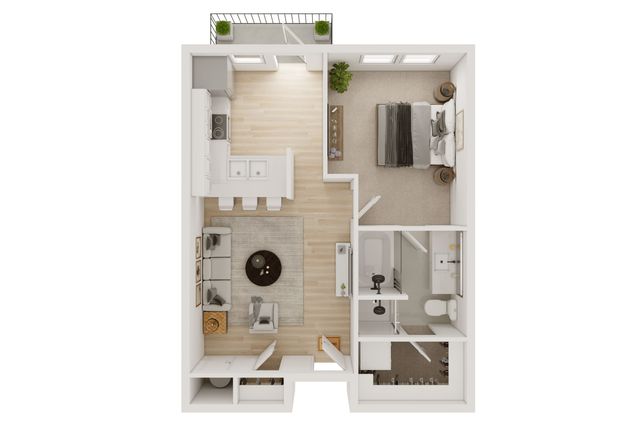 Modern 1-bedroom apartment floor plan featuring an open-concept kitchen and living area, spacious bathroom, and private balcony.