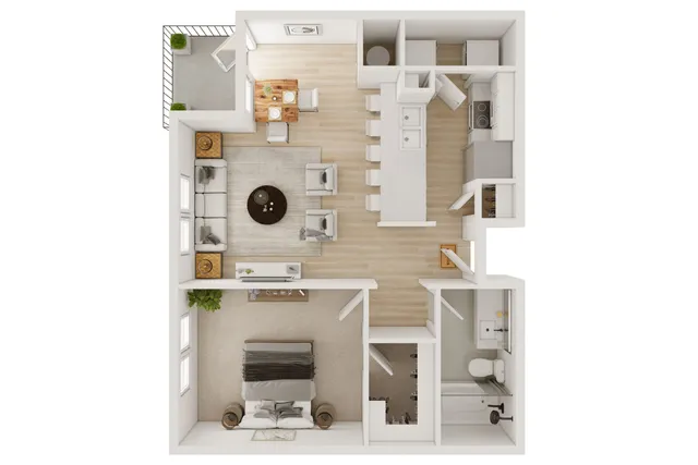 Modern 1-bedroom apartment floor plan featuring an open-concept living and dining area, sleek kitchen with bar seating, cozy bedroom with ample storage, and a chic bathroom. Includes a small outdoor balcony space.