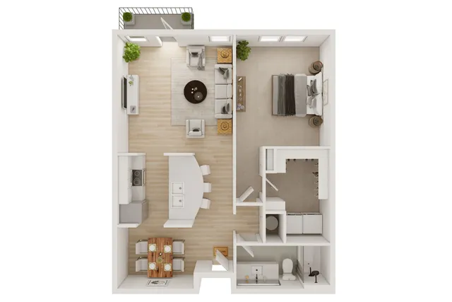 Modern 2D apartment floor plan featuring a cozy bedroom, open-concept living and dining area, sleek kitchen, and private balcony.