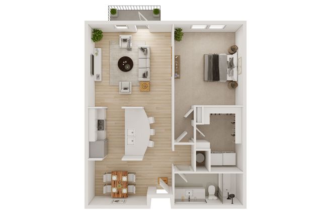 Contemporary floor plan showcasing an airy 1-bedroom layout with open-concept living, elegant kitchen, and cozy balcony access.
