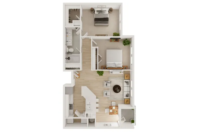 Modern 2D floor plan featuring 2 bedrooms, cozy open living area, sleek kitchen, and contemporary bathroom design.