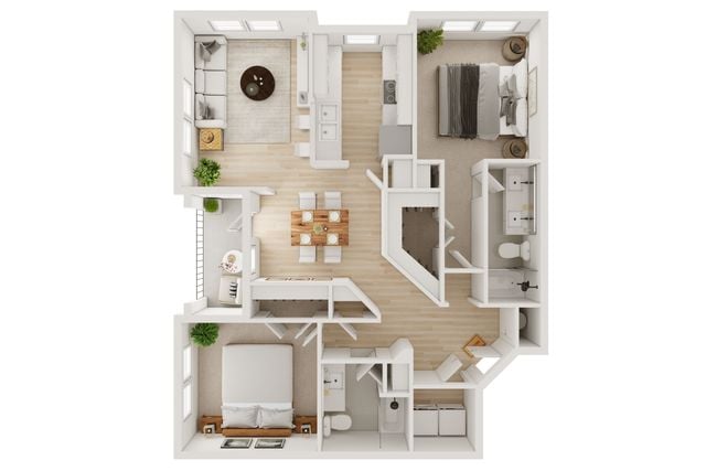 Bright and modern apartment floor plan showcasing 2 bedrooms, a cozy living room, and a stylish open kitchen with dining area.