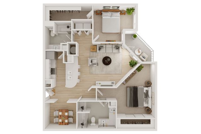 Contemporary floor plan showcasing 2 bedrooms, an elegant living room, an open kitchen with a breakfast bar, and a cozy balcony.