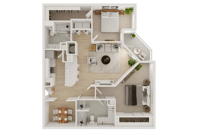 Elegant 2D floor plan showcasing two spacious bedrooms, a modern open-layout living area, sleek kitchen with breakfast bar, and a cozy balcony.