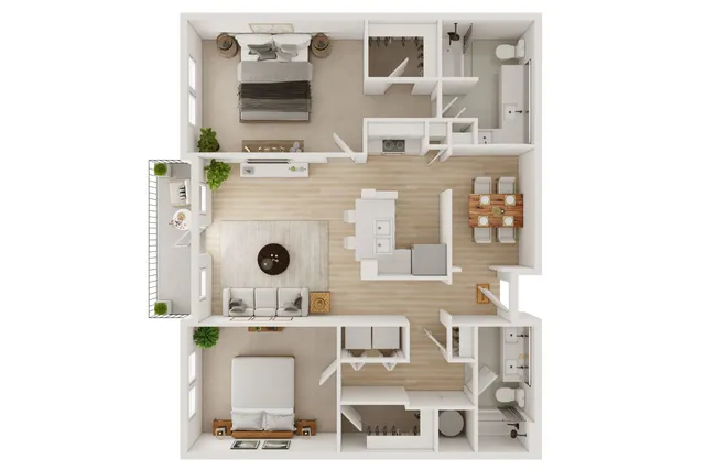 Modern apartment floor plan featuring two bedrooms, an open-concept living room, spacious kitchen, and two bathrooms with elegant layouts.