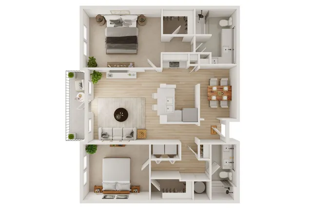 Modern apartment floor plan with two bedrooms, open-concept living room, stylish kitchen, and dining area. Includes a cozy balcony and elegant bathroom.