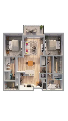 Modern floor plan showcasing 2 spacious bedrooms, open-concept living area, elegant kitchen with island, and cozy balcony.