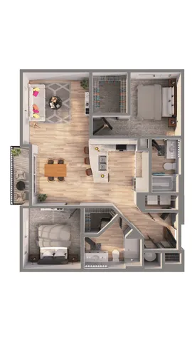 Modern 2D floor plan showcasing two spacious bedrooms, an open-concept living and dining area, a sleek kitchen with island seating, and a private balcony.