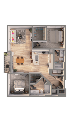 Modern 3D floor plan showcasing a stylish layout with 2 bedrooms, a contemporary open-plan living and dining area, and a chic balcony.