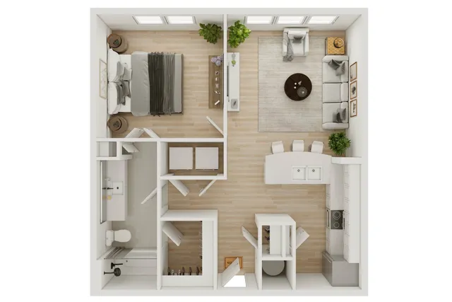 Modern 2D floor plan displaying one bedroom, an open living area with a cozy sofa, a stylish kitchen, and a sleek bathroom.