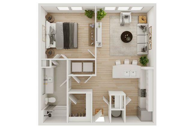 Modern 3D floor plan showcasing one-bedroom, open-concept living and dining area, with a sleek kitchen and cozy bathroom.