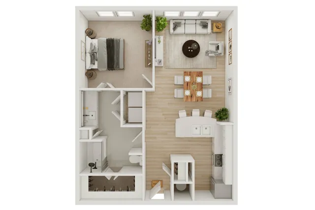 Elegant open-concept floor plan featuring one spacious bedroom, modern kitchen with island, cozy living area, dining space, and a full bathroom.