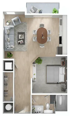 Elegant floor plan showcasing a cozy one-bedroom layout with open-concept living, dining area, and modern kitchen. Features a private balcony and a stylish bathroom.