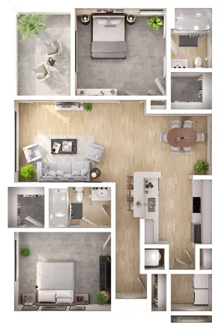 Modern 3D apartment floor plan showcasing 2 bedrooms, a vibrant open-concept living area, gourmet kitchen with island, and elegant dining space.