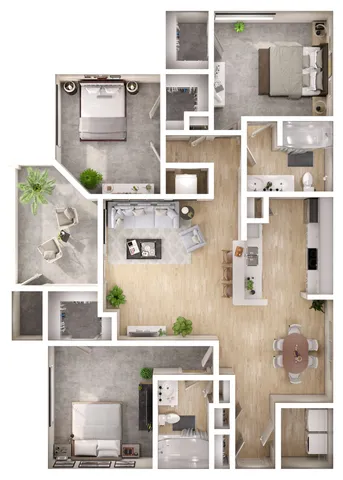 Elegant 3D floor plan showcasing an open layout with two bedrooms, modern kitchen, cozy living room, and stylish dining area.