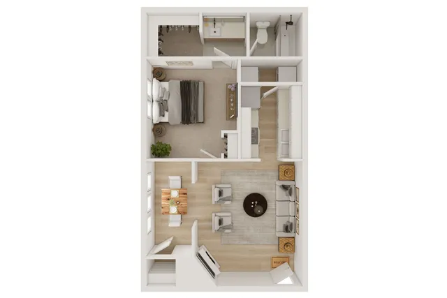 Inviting floor plan showcasing a cozy bedroom, modern kitchen, stylish bathroom, and a spacious open-concept living and dining area with elegant decor.