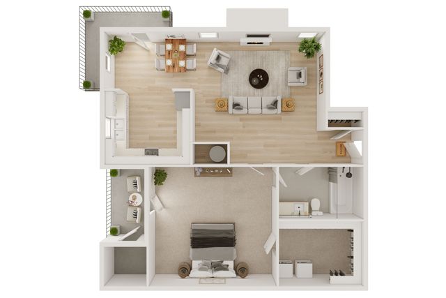 Modern apartment floor plan featuring an open-concept living and dining area, spacious kitchen, one bedroom, and a balcony for relaxation.