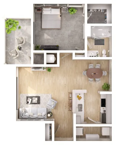 Modern floor plan showcasing a spacious 1-bedroom with cozy living area, chic kitchen, and elegant balcony view.