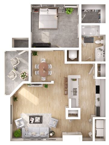 Elegant floor plan showcasing a spacious open-concept living area, cozy bedroom, modern kitchen with breakfast bar, and inviting outdoor balcony.