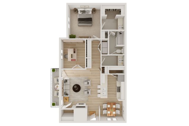 Modern 2D floor plan featuring a spacious bedroom, cozy living area with balcony, sleek kitchen, and elegant dining space.