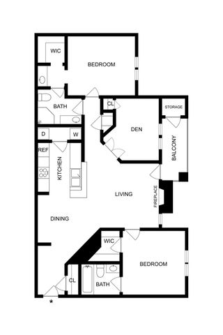 Sophisticated floor plan showcasing 2 spacious bedrooms, cozy den, open-concept living and dining areas, modern kitchen, 2 luxurious baths, ample storage, and inviting balcony.