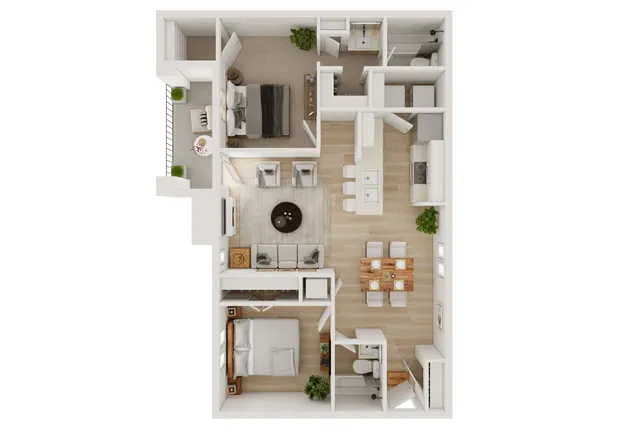 Modern floor plan showcasing 2 bedrooms, cozy living room with balcony, stylish kitchen, and dining area.