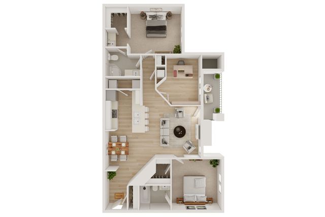 Modern 3D floor plan showcasing 2 bedrooms, open-concept living and dining area, sleek kitchen, and private balcony.